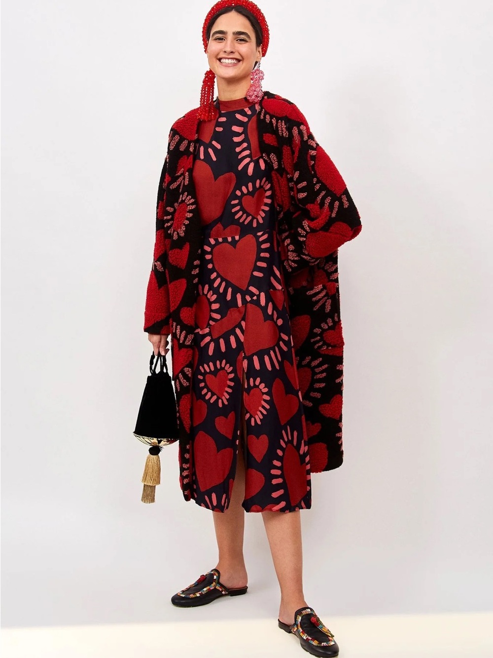 FARM Rio Red and Black Heart-Print Cardigan XL